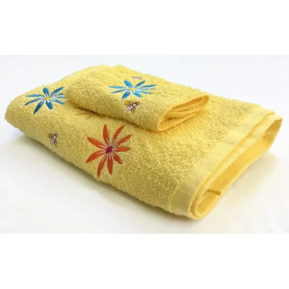 Vintage Honeybee & Flower Embroidered Towel Set 2 Pc Washcloth & Bath Yellow Bee